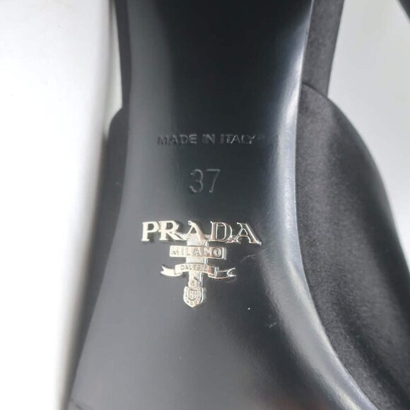 Prada Triangle Logo Sandals Black Satin Size 37 High Heel Slides - Picture 11 of 11
